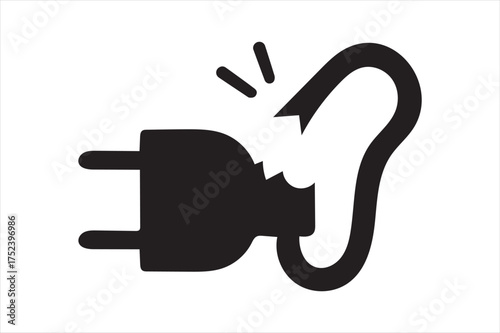 Broken power plug symbol warning icon silhouette a white background
