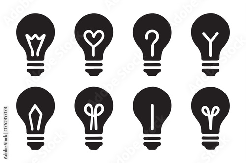 Collection of light bulb icons with different symbols silhouette a white background