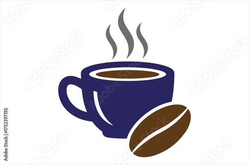 Hot coffee cup with roasted bean artwork silhouette a white background