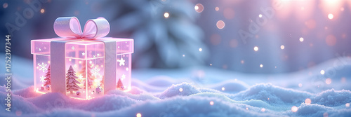 Holographic gift box decorated with ribbon on snowy background surrounded by candy villages and pastel aurora. Magical atmosphere created by shimmering snowflakes enhances the charm of the gift box.