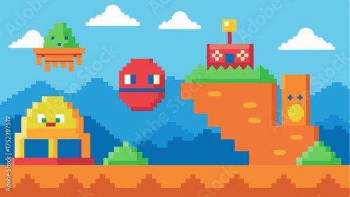 A pixelated landscape representing a classic retro video game featuring blocky characters platforms and powerups in a vibrant color palette.