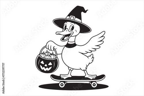 Halloween duck on skateboard with pumpkin bucket silhouette a white background