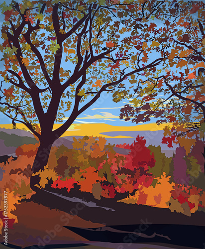 Autumn landscape with mountains and trees against the backdrop of mountains 