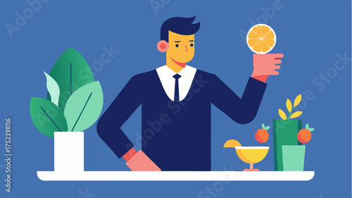 A sleek tail bar showcasing a mixologist crafting a vibrant tail complete with fresh fruits and herbs as garnish.