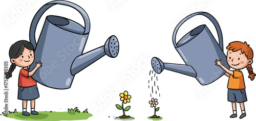 children, watering, plants, flowers, garden, growth, care, responsibility, eco, green, earth, cartoon, illustration, vector, design, creative, element, activity, learning, environment, concept