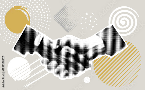 Trendy Halftone Collage with Human Hands Shaking. Contemporary art collage. Concept of business, success, teamwork. Deal agreement. Partners work together. Cooperation concept. Paper design elements
