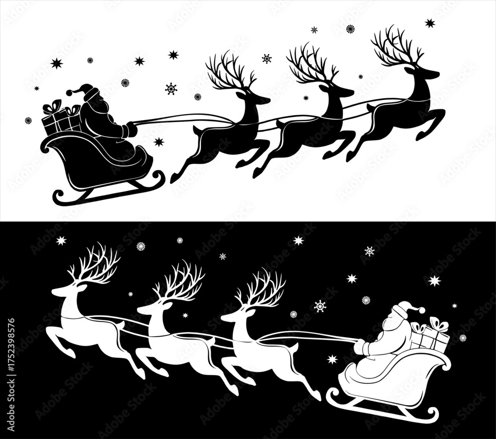 Obraz premium Santa Claus rides in a sleigh in harness on the reindeer