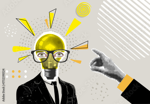 Trendy halftone collage element. Person, businessman, expert with light bulb instead head. Idea, brainstorming, problem solution concept Modern retro sticker for mixed media design vector illustration