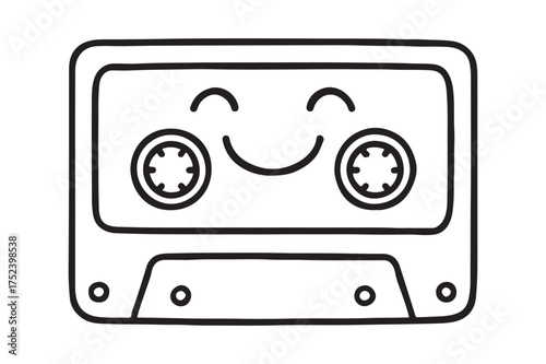 Cute smiling cassette tape icon line art silhouette a white background
