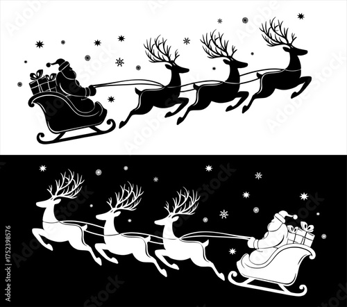 Santa Claus rides in a sleigh in harness on the reindeer
