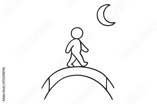 Person walking on bridge under crescent moon silhouette a white background