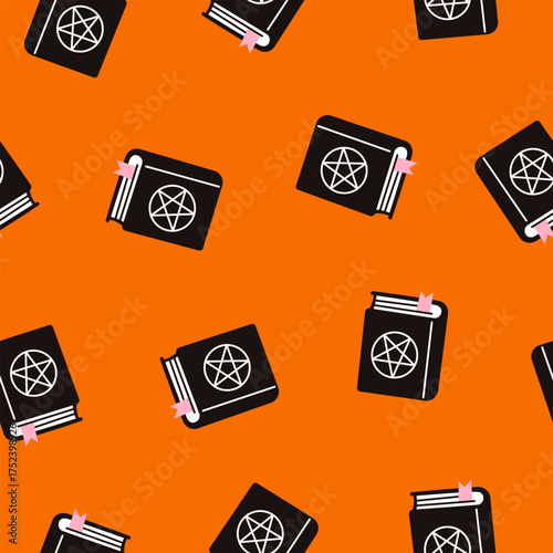 Vector seamless pattern with witch spell book with pentagram on orange background. Cartoon magic book texture for halloween, wrapping paper, textile, wallpaper, occult and spooky decor.