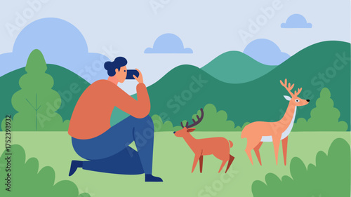 A wildlife observation moment with a person sitting quietly with binoculars capturing the beauty of deer grazing in a meadow.