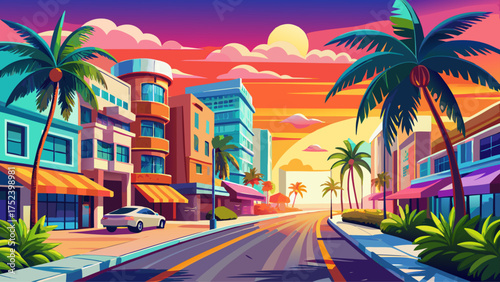 Very beautiful view of Miami South Beach along Lincoln Road, palm trees and lively streets under bright sunlight near the ocean.
