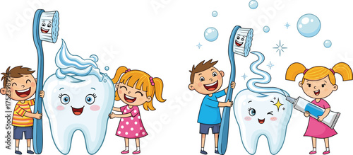 children, tooth, brushing, dental, hygiene, toothpaste, toothbrush, clean, smile, health, care, boy, girl, cartoon, illustration, vector, design, creative, element, freshness
