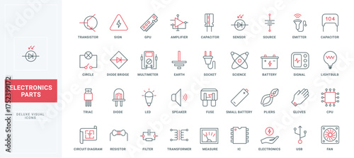Electronic components, electric circuits and devices line icons set. Microchip and diode, hardware transistors, capacitors and resistors, thin black and red outline symbols vector illustration