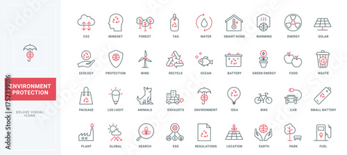 Environment and ecology protection line icons set. Smart eco house and green energy of wind and solar panel, power battery and bio fuel thin black and red outline symbols, vector illustration