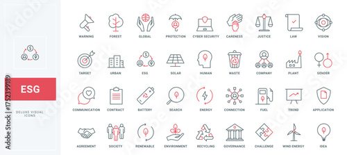 ESG thin black and red line icons set vector illustration. Outline symbols of sustainable and renewable sources, social, government and corporate trends and criteria for development, investment