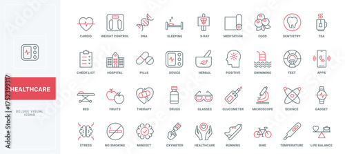 Healthy lifestyle, everyday care for body and brain health, stress line icons set. Positive mindset, smart devices to check heart and sugar level thin black and red outline symbols vector illustration