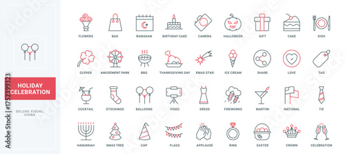 Birthday party, national and religious holidays and fun events line icons set. Dinner or banquet decoration and food, cake and gift, bouquet thin black and red outline symbols vector illustration