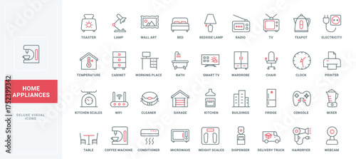 Home appliances, smart equipment and furniture of house line icons set. Microwave and fridge, toaster and coffee machine of kitchen, wardrobe thin black and red outline symbols vector illustration