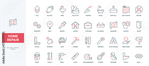 Home repair tools thin black and red line icons set vector illustration. Outline gears of toolbox for plumber and builder, diy equipment symbol collection of house renovation process by workers