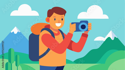 A traveler holding a camera capturing moments of wonder and excitement during their adventures.