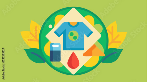 A vibrant graphic of a clothing care label featuring symbols for ecofriendly washing drying and recycling promoting sustainable garment maintenance.