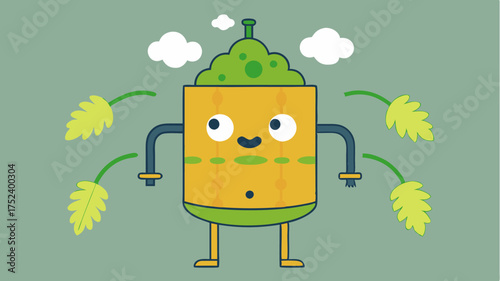 A whimsical fermentation tank character with arms and eyes surrounded by bubbling brew and floating hops.