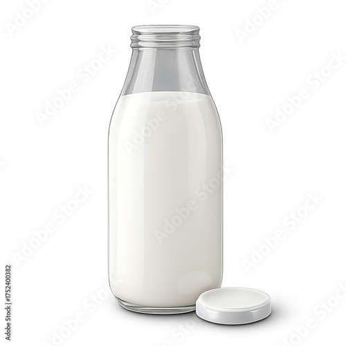 Glass Milk Bottle Filled with White Milk and a White Cap dairy beverage isolated on a transparent background