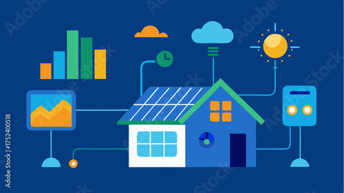 An energy management system overview featuring solar panels smart meters and a home energy dashboard illustrating usage statistics.