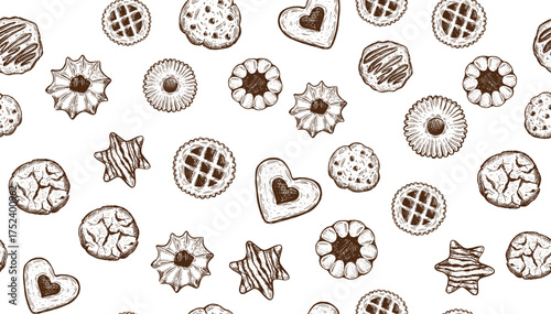Cookie pattern on white, hand drawn illustration.	

