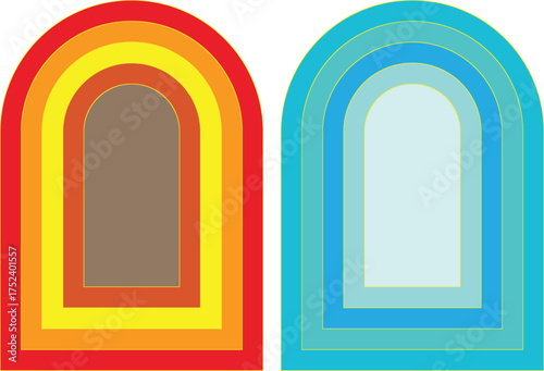 Two stylized arched doorways one radiating warmth with red and yellow tones the other cool with blue and white tones representing contrasting concepts like hot and cold or opposing ideas