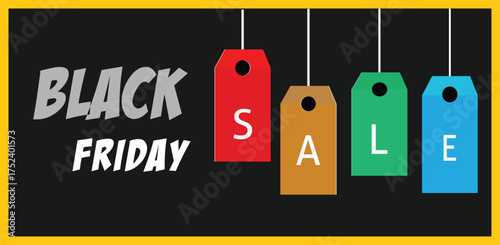 Black friday sale event with colorful hanging tags representing discounts and shopping opportunities for consumers
