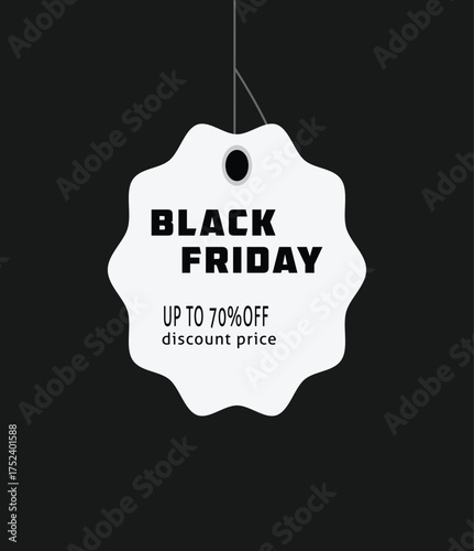 Black friday sale tag with discount information and festive elements on a dark background ideal for promotional marketing and e commerce advertising