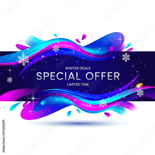 Winter deals special offer banner with abstract blue and purple waves and snowflakes.