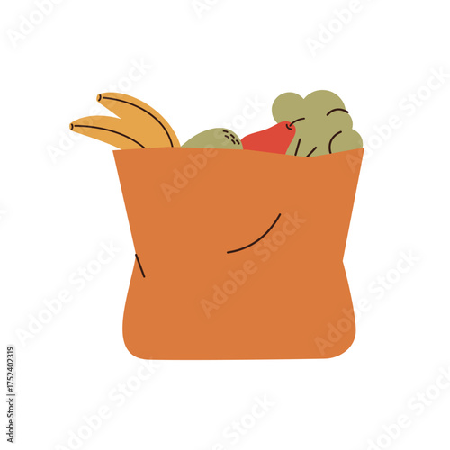 paper bag with eco groceries of vegetables and fruits. kraft pack full of fresh healthy food: broccoli, banana, avocado, pear, cabbage. Mindfulness shopping and recycling package concept. Vector