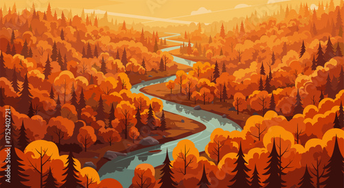 Serene autumn landscape with winding river through vibrant forest