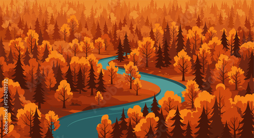 Autumn forest with serene river through colorful foliage in flat design