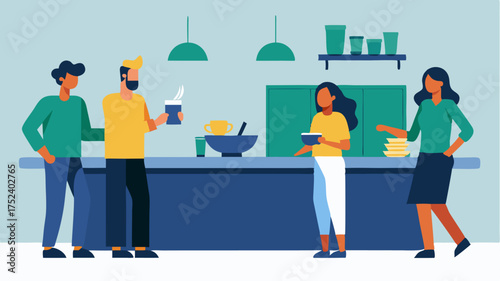 A modern kitchen area with a coffee station snacks and a long counter where individuals are mingling and exchanging ideas over a casual lunch.