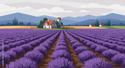 Lavender farm landscape with mountains and traditional farmhouse