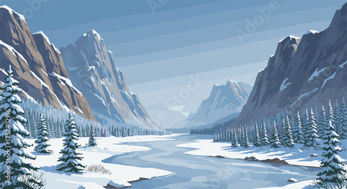 Winter mountain landscape with snowy pines and frozen river under clear blue sky