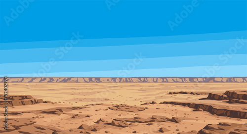 Vast desert landscape under clear blue sky with rocky terrain