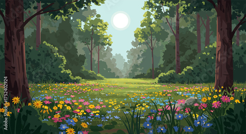Tranquil forest meadow with wildflowers and sunlit trees in a serene landscape