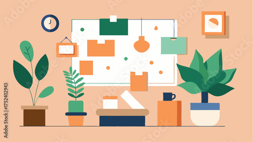 A trendy workspace featuring plants mood boards and pinned inspirations on a corkboard creating an inviting and creative atmosphere.