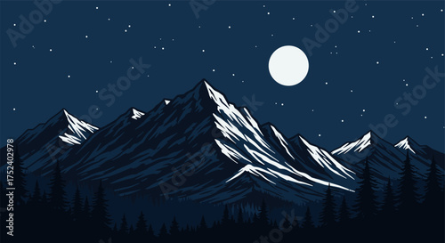 Serene night mountain landscape with full moon and stars in night sky