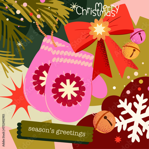 Merry Christmas square banner, flyer, poster, card,  season's greetings, winter holidays celebration cover, grain textured,  creative modern vector illustration