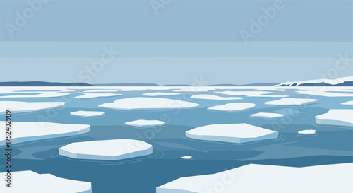 Serene polar landscape with floating icebergs in calm blue ocean