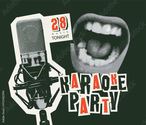 Vector poster for karaoke party in vintage style with singing mouth, hand, studio microphone and calligraphy lettering. Suitable for promotional music banner, flyer, invitation, ticket. No AI used