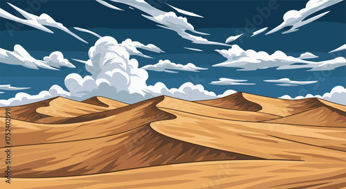 Vast desert landscape with sand dunes and dramatic cloudy sky in vintage style